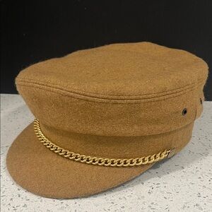 Vintage XL HENDERSON & CUDMORE 100% Wool Tan Cap | Gold Chain, Buttons 24.5”
